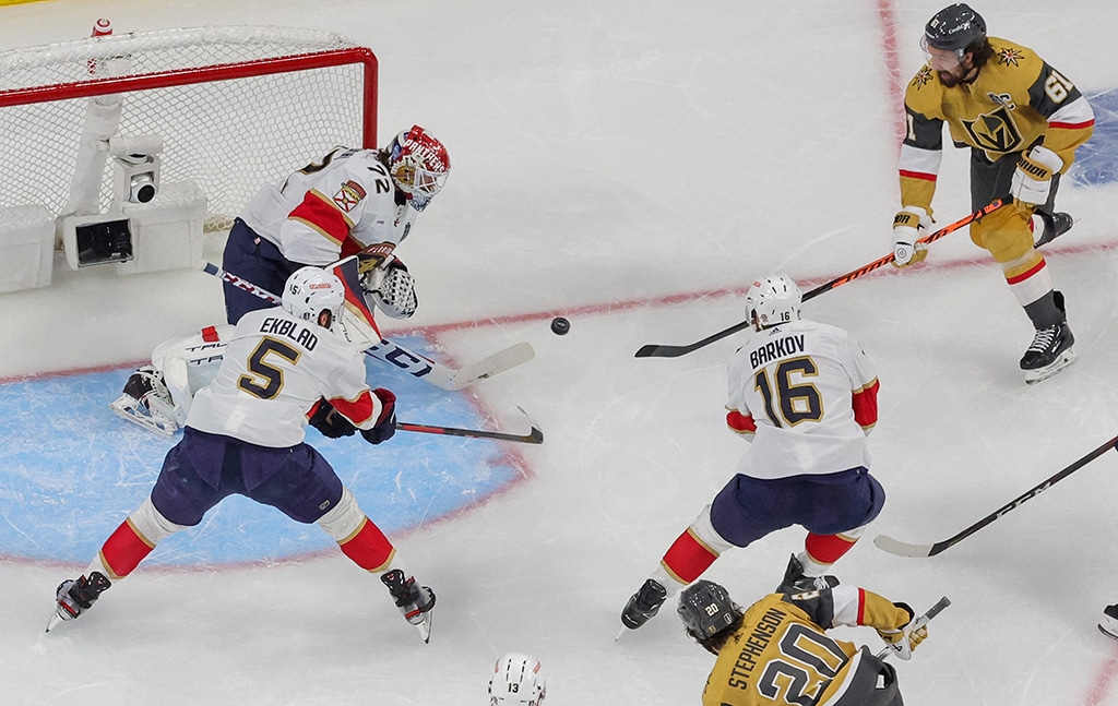 LAS VEGAS: Sergei Bobrovsky #72 of the Florida Panthers makes a save against Mark Stone #61 of the Vegas Golden Knights as Aaron Ekblad #5 and Aleksander Barkov #16 of the Panthers defend in the first period of Game Two of the 2023 NHL Stanley Cup Final at T-Mobile Arena on June 05, 2023.- AFP