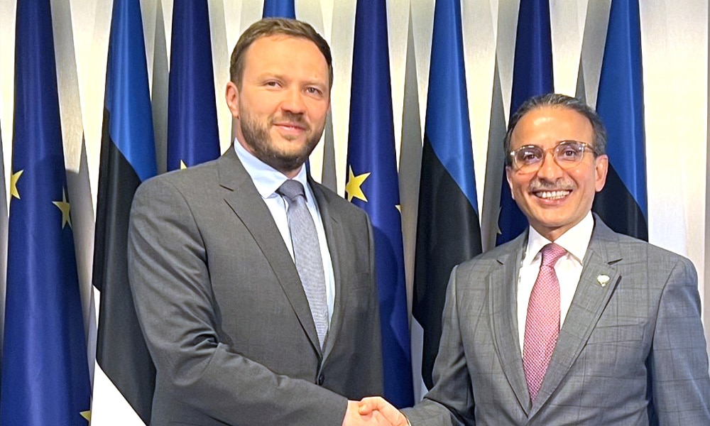 Estonian Minister of Foreign Affairs Margus Tsahkna and Kuwait's non-resident Ambassador Najeeb Al-Bader