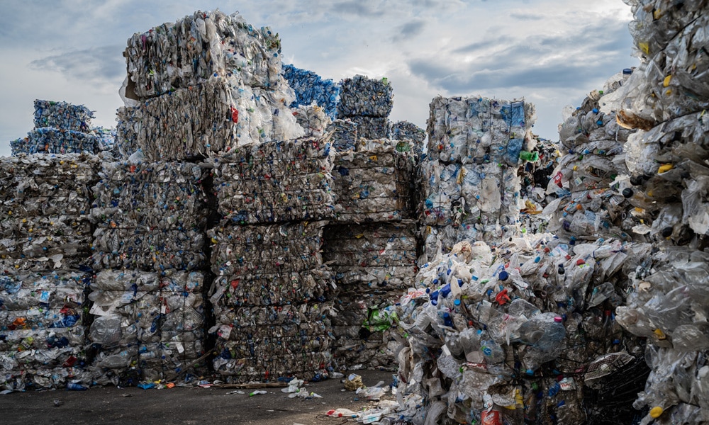 This picture shows plastic bottles at a Recycle Factory in the city of Megara near Athens, on May 26, 2023.
