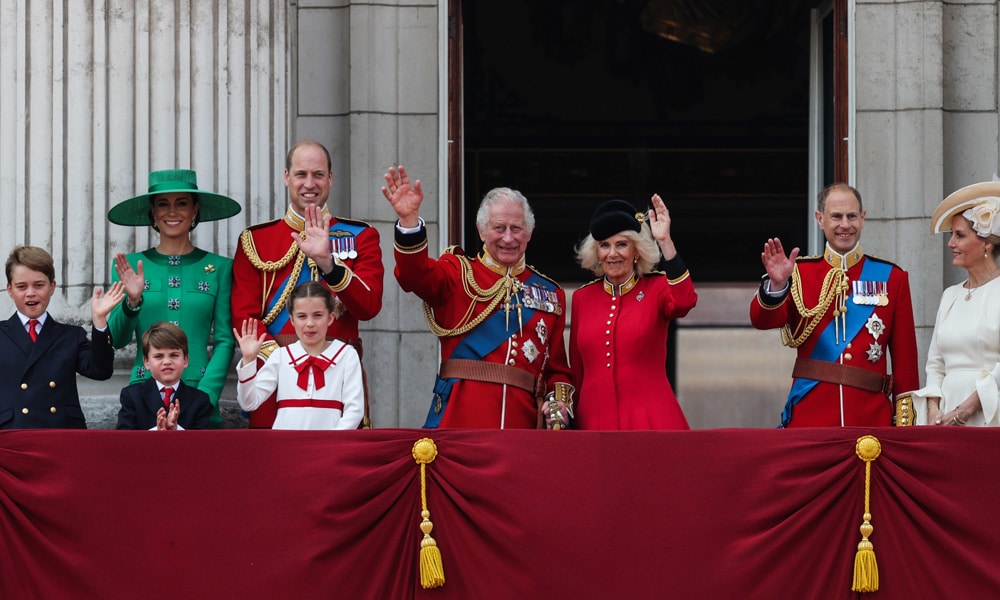 Britain's Prince George of Wales, Britain's Catherine, Princess of Wales, Britain's Prince Louis of Wales, Britain's Prince William, Prince of Wales, Britain's Princess Charlotte of Wales, Britain's King Charles III, Britain's Queen Camilla, Britain's Prince Edward, Duke of Edinburgh and Britain's Sophie, Duchess of Edinburgh wave from the balcony of Buckingham Palace after attending the King's Birthday Parade, 'Trooping the Colour', in London on June 17, 2023.
