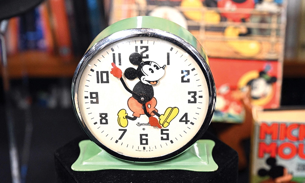 An early Mickey Mouse alarm clock is displayed during a media tour of the Walt Disney Archives.