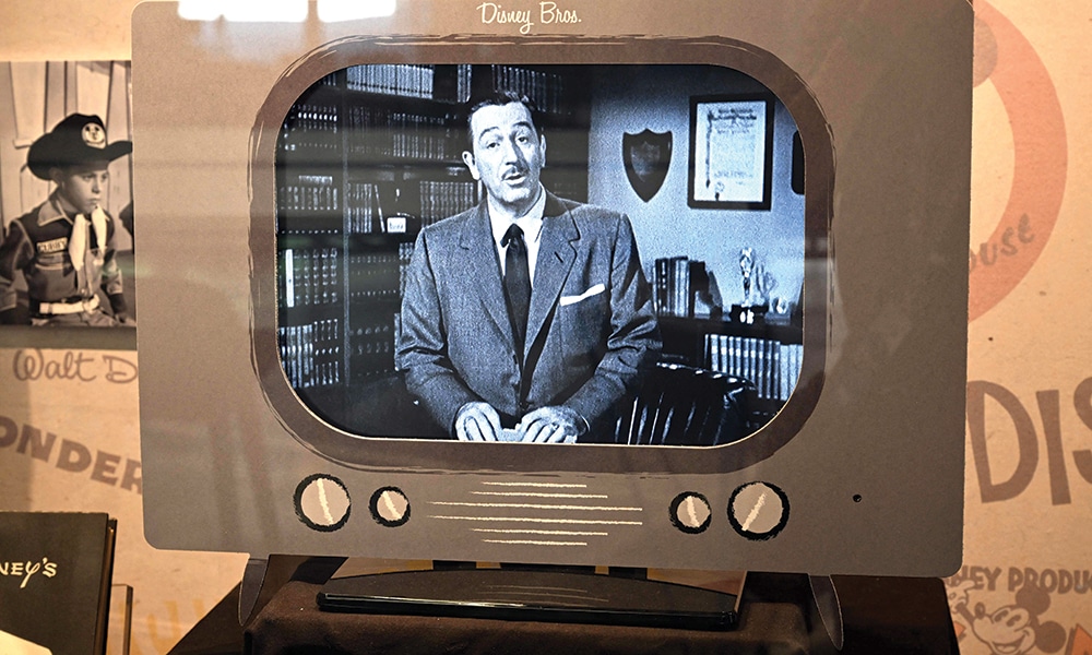 Walt Disney is seen on a mock up of a television during a media tour of the Walt Disney Archives.