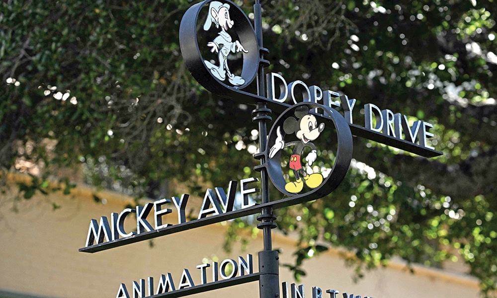 The intersection of Dopey Drive and Mickey Ave is seen during a media tour of the Disney Studio and Walt Disney Archives.
