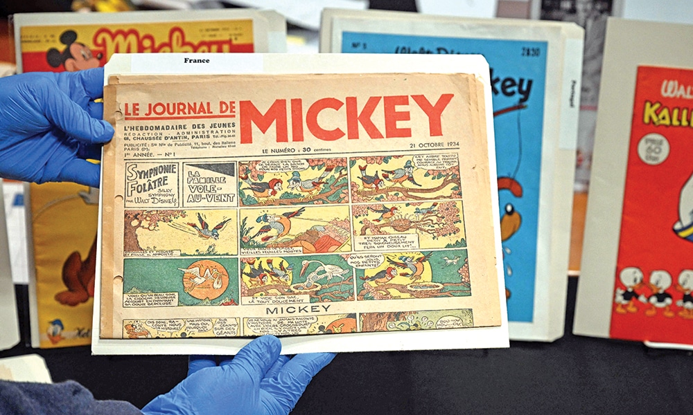 'The Journal de Mickey,' the first French-language Mickey Mouse comic, published in 1934, is displayed during a media tour of the Walt Disney Archives.