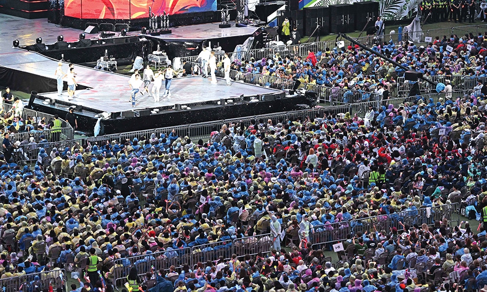 The Boyz perform during the 'K-pop Super Live' concert, following the 2023 World Scout Jamboree closing ceremony at the World Cup Stadium in Seoul on August 11, 2023. - AFP photos