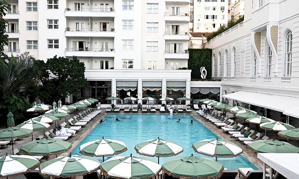 View of the swimming pool area of the Belmond Copacabana Palace Hotel.