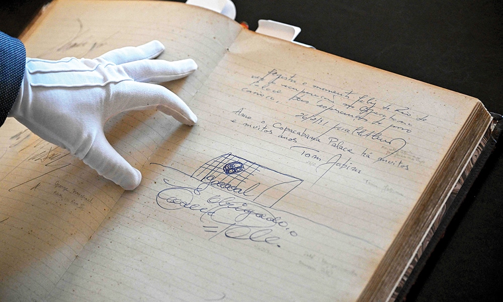 Signatures of late Brazilian football star Pele and late Brazilian musician Tom Jobim in the Golden Book.