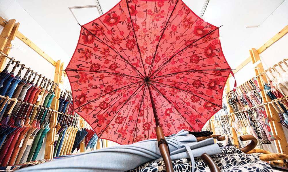 This photo shows umbrellas on display at Komiya Shoten, a company which has made handcrafted umbrellas for rain or shine for nearly a century, at the Higashi-Nihombashi area of Tokyo.--AFP photos