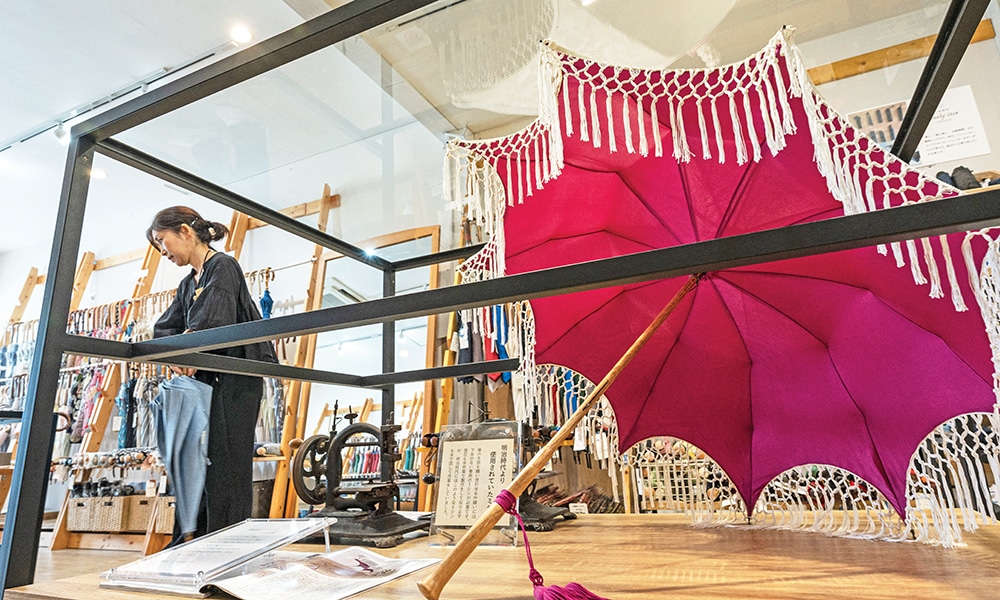 A special traditional Meiji Era-style umbrella (right) made of silk on display at Komiya Shoten.