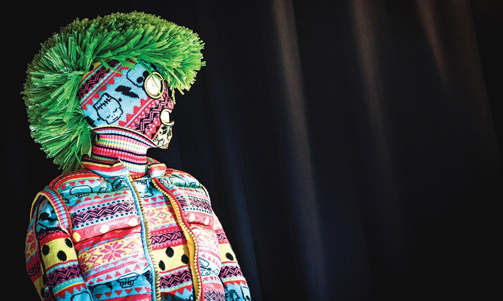 A mannequin dressed with an outfit from the brand 'The Knit Monster', a knitwear fashion label created by British designers Sid Bryan, Joe Bates and Cozette McCreery.
