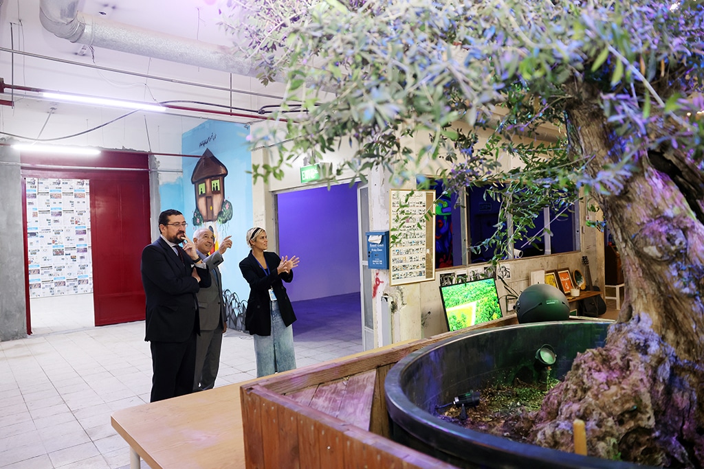 Jana Alnaqeeb shows Spanish Ambassador Miguel Aguilar and Commercial Attache Miguel Lopez the olive tree inside the warehouse of Kuwait Times and Kuwait News.