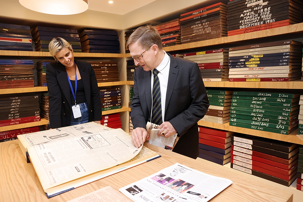 German Ambassador Hans-Christian Reibnitz with Jana Alnaqeeb, Kuwait Times Public Relations and CSR Manager at the Archive room at Kuwait Times