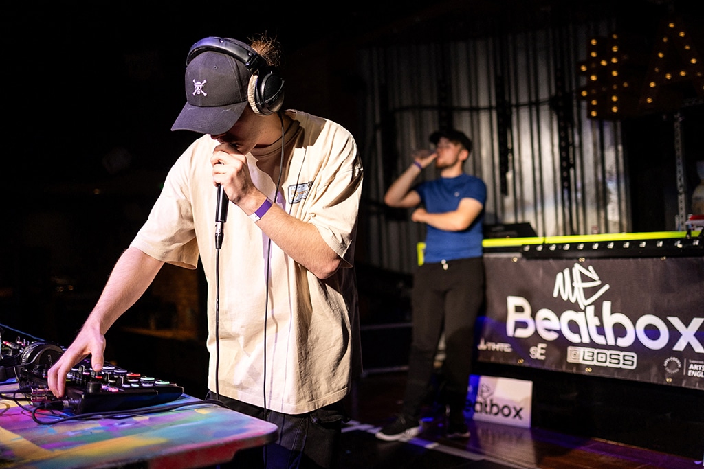 Loop station artists Smonal and Yaswede (front) compete during the 'New Urban Era Beatbox Battles' competition.