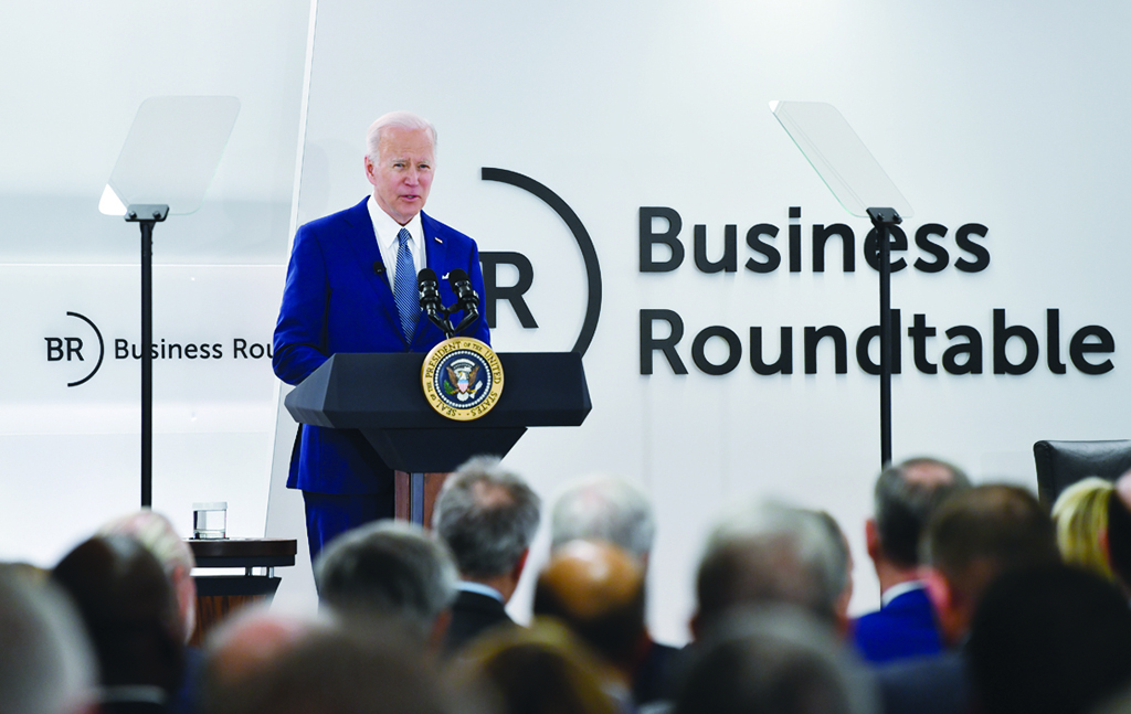 WASHINGTON: US President Joe Biden delivers remarks at the Business Roundtable's CEO Quarterly Meeting in Washington, DC, on March 21. - AFP
