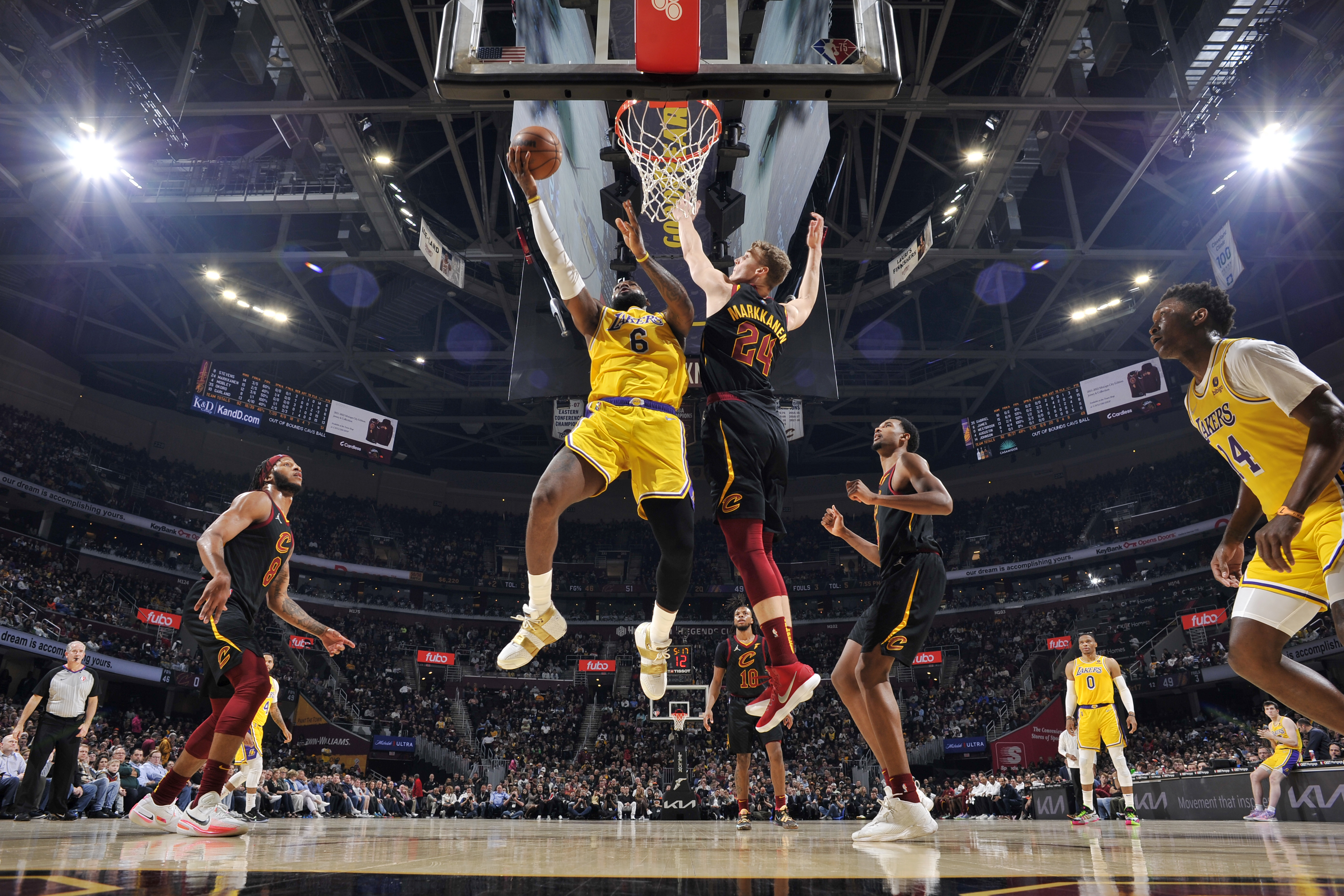 CLEVELAND: LeBron James #6 of the Los Angeles Lakers shoots the ball during the game against the Cleveland Cavaliers on March 21, 2022 at Rocket Mortgage FieldHouse in Cleveland, Ohio. - AFPn