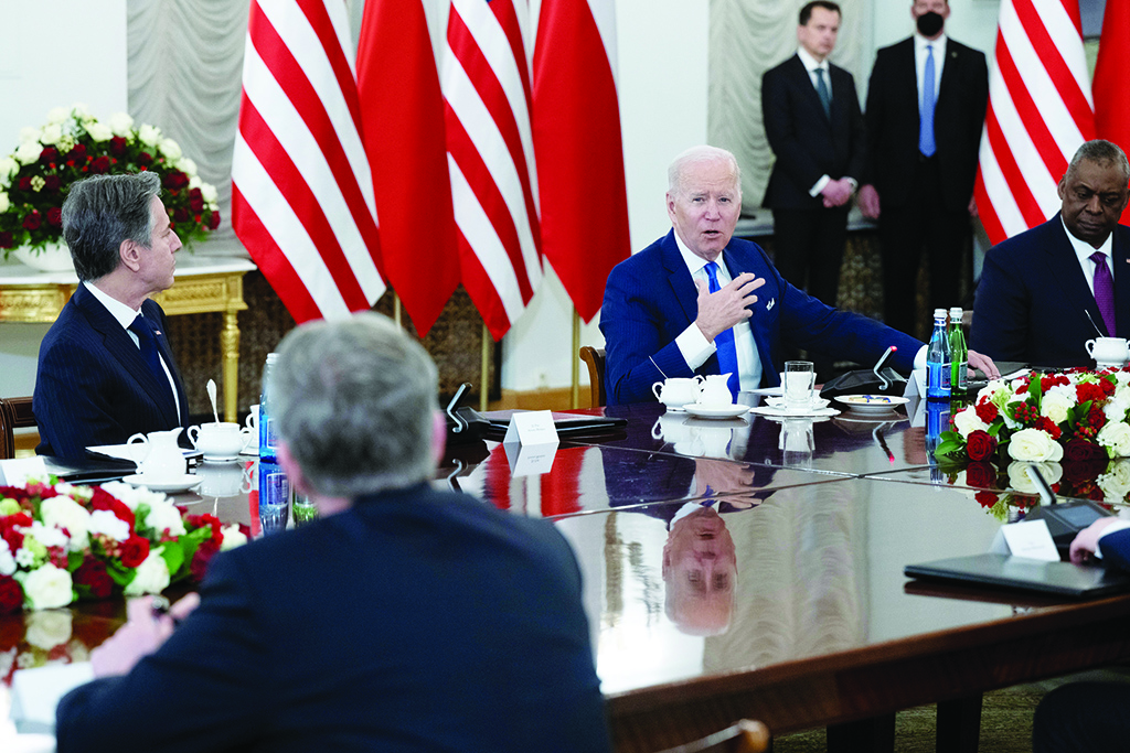 WARSAW, Poland: US Secretary of State Antony Blinken (L) and US Secretary of Defence Lloyd Austin (R) listen while US President Joe Biden speaks with the Polish President during a meeting on Russia's war on Ukraine at the presidential palace in Warsaw. - AFP