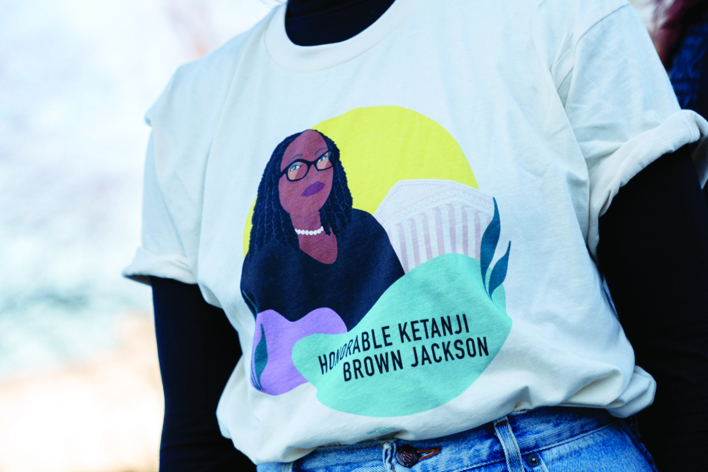 WASHINGTON: A person wears a shirt in support of Supreme Court Justice nominee Judge Ketanji Brown Jackson, outside the US Supreme Court in Washington, DC, yesterday. - AFP
