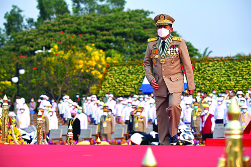 NAYPYIDAW, Myanmar: Handout photo taken and released on March 27, 2022 by the Myanmar Military Information Team shows Chief Senior General Min Aung Hlaing attending a ceremony to mark the country's 77th Armed Forces Day in Naypyidaw. – AFP